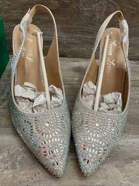 Lauren Lorraine Silver Crystal Rachel High Heel Womens Sling Shoes Sz 10
